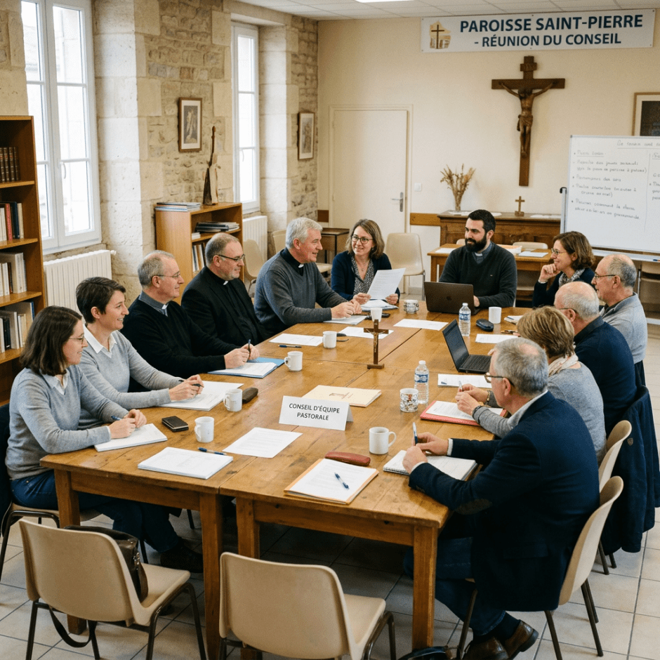 Group of twelve church members sitting around a wooden table in discussion during a pastoral team meeting